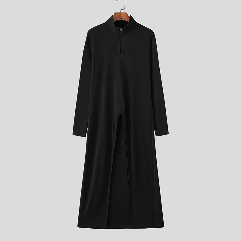 INCERUN Men Turtleneck Long Sleeve Zip-ip High Splits Long Tunic Tops Pullovers