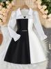 Mädchen Schwarz-Weiß Colorblock Langarm Schulkleid mit Hemdkragen - Preppy Stil für Frühling & Herbst
