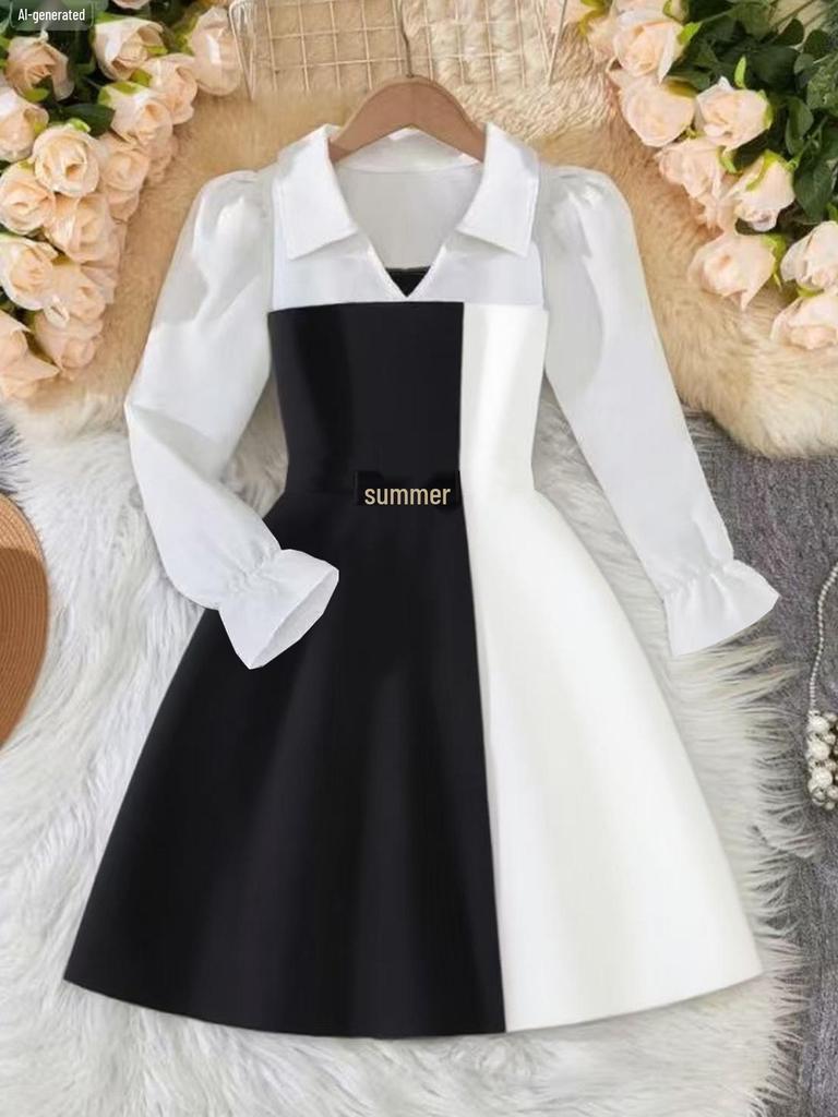 Mädchen Schwarz-Weiß Colorblock Langarm Schulkleid mit Hemdkragen - Preppy Stil für Frühling & Herbst