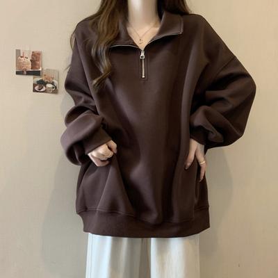 Loose Half Zipper Design Versatile Hoodie for Women In Autumn and Winter Long Sleeved Thin Top