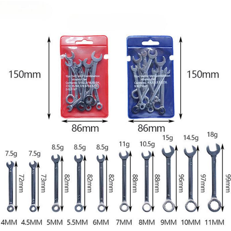10pcs Mini Combination Wrench Set Metric Inch Ignition Wrenches Open End & Box End Spanner Set Small Thin Wrench Kit