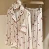 [Weißer Hirsch Polka Dot Kirsche] Langarm Hose Baumwolle Revers Eis Seide Pyjama Hausanzug Xiaohongshu Beliebt