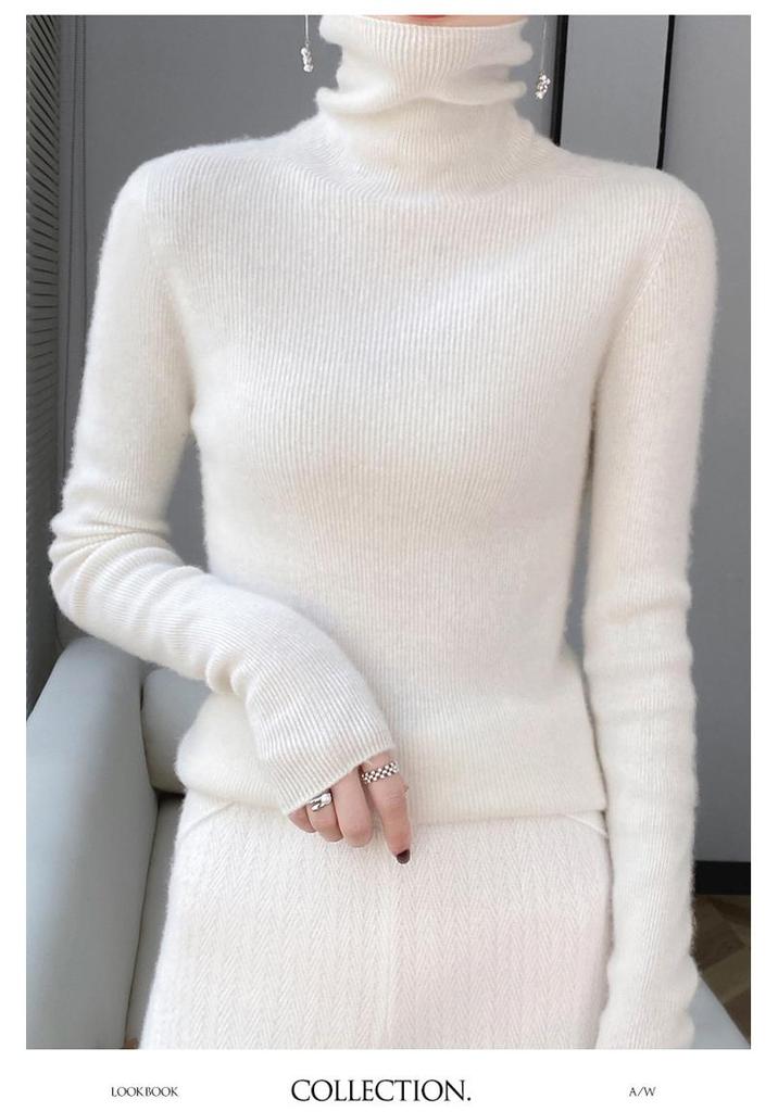 Women's High Neck Cashmere Turtleneck Pullover - 100% Wool Slim Fit Long Sleeve Sweater, Autumn/Winter Base Layer.