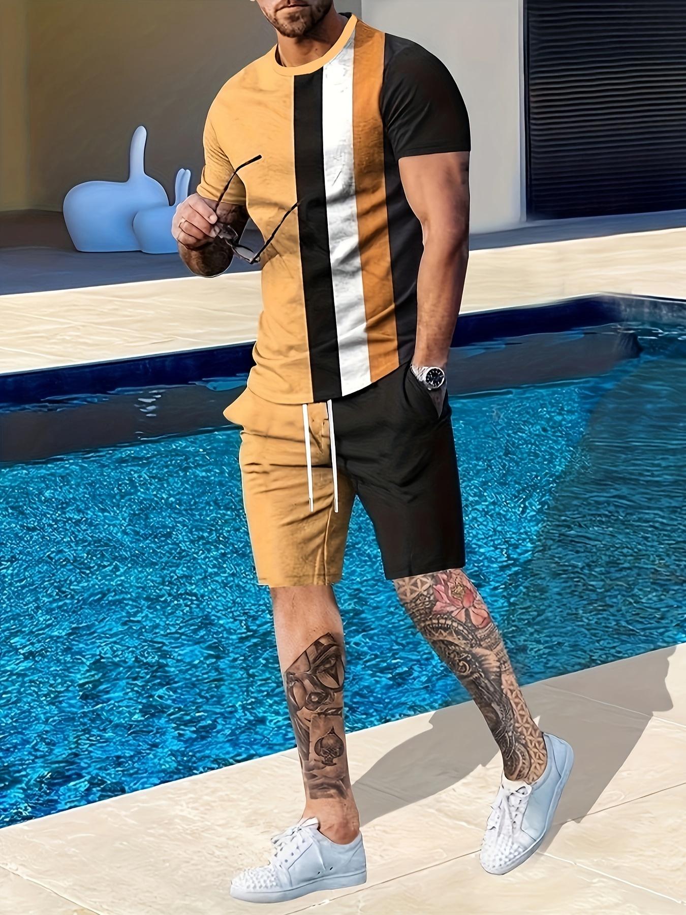 

Стильный мужской комплект одежды для летнего отпуска из 2 предметов: мужская футболка с короткими рукавами и шорты с завязками на карманах XL