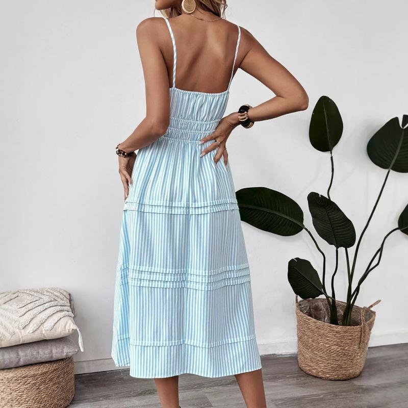 Summer Women's Striped Spaghetti Strap Smocked Midi Dress