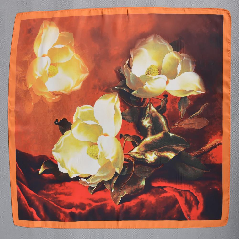 BYSIFA New Orange Coffee Silk Scarf Hijab Fashion Elegant Floral Square Scarves Foulard Spring Fall Lady Head Scarf Accessories