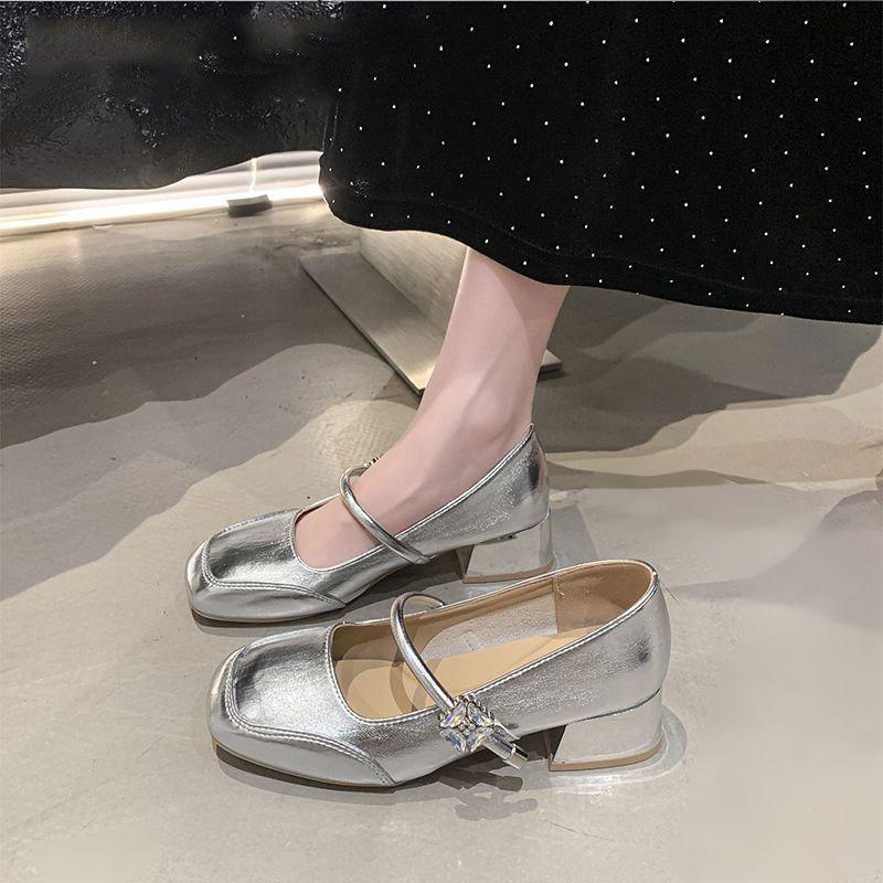French retro Mary Jane shoes women's 2025 spring and summer new versatile single shoes light mouth silver small leather shoes Doudou shoes