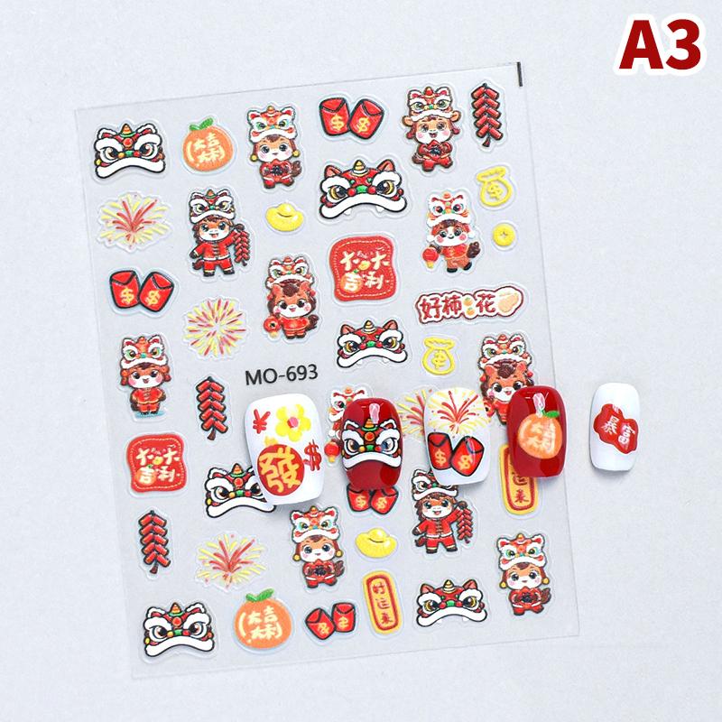 1 Blatt 5D Präge Chinese New Year Löwentanz Nagelsticker Niedliche Glückslöwen Aufkleber Festival Löwe Selbstklebende Maniküre Slider