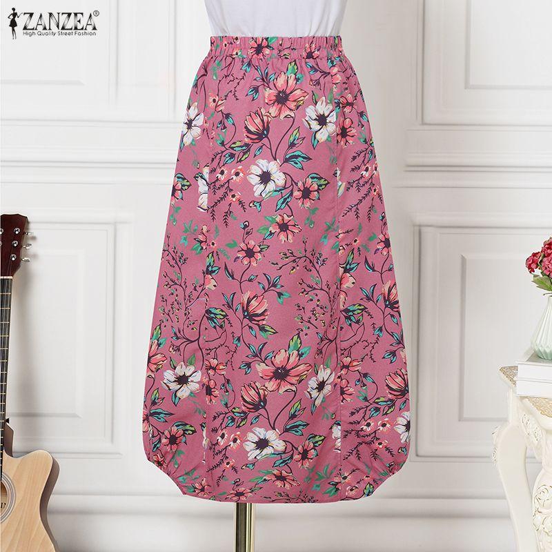 ZANZEA Women Casual Elastic Waist Loose Floral Print Midi Skirts