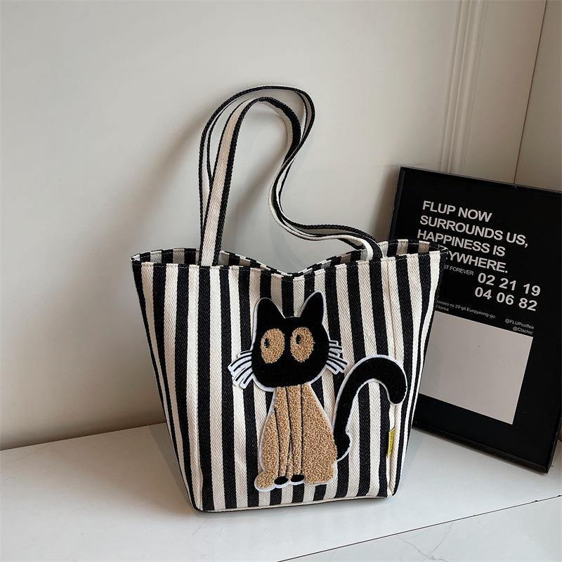 Korean Striped Cartoon Chenille Embroidery Canvas Bag - Large Capacity Cute Girl's Trendy Tote