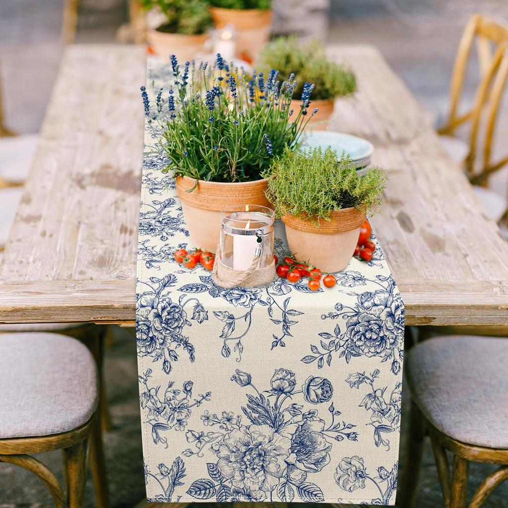 Chinoiserie Blue Flower Linen Table Runner Dresser Scarf Decor Reusable Kitchen Dining Table Runner Holiday Party Decorations