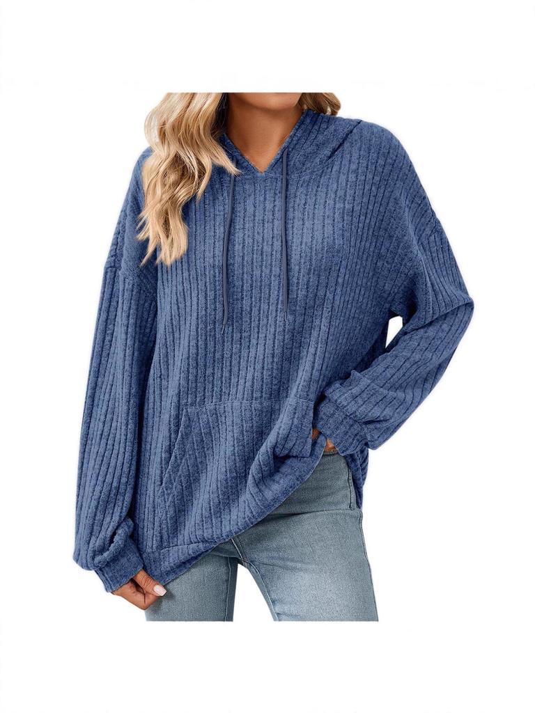 Women's Solid Color Ribbed Hooded Sweatshirt - Long Sleeve, Brushed, Autumn/Winter 2025 Collection
