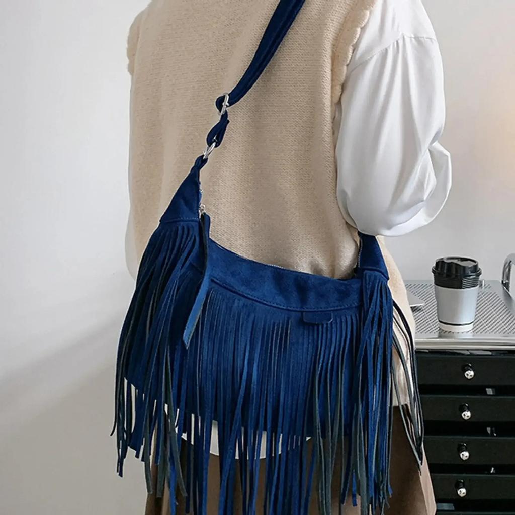 Large Retro Fringed Handbag Totes Bag  PU Messenger Bag Zipper Soft Ethnic Style Women’s Fringed Leather Shoulder Bag