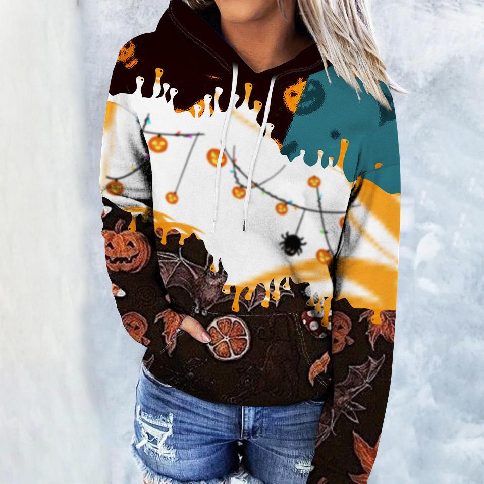 Spring and Autumn Women 3D Printed with Color Pattern Elements Hoodie Trendy Loose Sweatshirt Long Sleeve Hoodie
