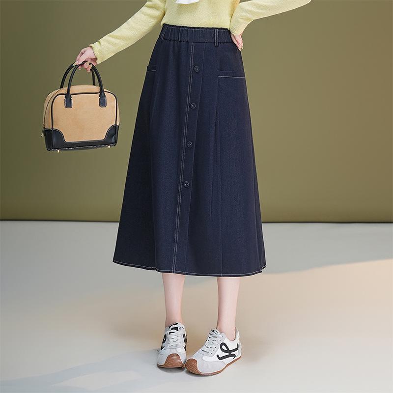 Эластичная талия, А-силуэт, Джинсовая юбка миди для женщин - Подчеркивает фигуру, Скрывает живот, Стройнит, Отлично подходит для миниатюрных фигур, Новый осенний стиль 3X Large темно-синий