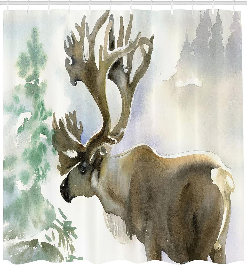 Antlers Shower Curtain Moose In Winter Forest Wildlife Reindeer Christmas Theme Watercolor Painting Style, Cloth Fabric Bathroom
