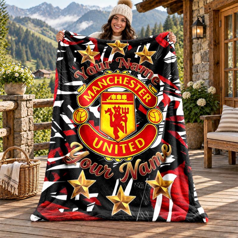 FC Manchester Custom Name Flannel Blanket Personalized Soft Warm Plush Throw Blanket Customized Gift for Family Friends