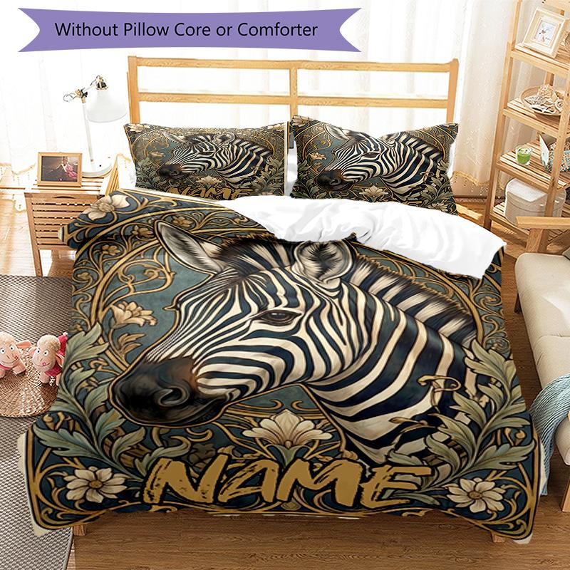 3pcs Custom Name Zebra Bedding Set Duvet Cover Closure Includes 1 Duvet Cover & 2 Pillowcases, Soft and Comfortable for All Seasons.