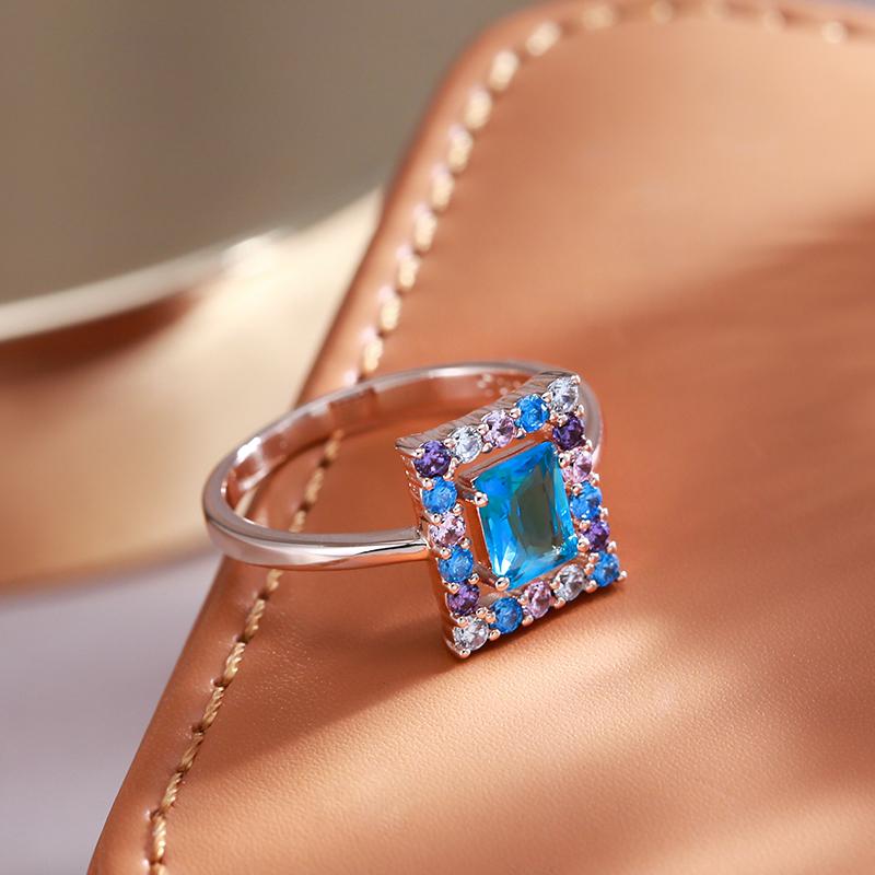 Four Color Full Zircon Blue Square Rings for Women Geometric Personality Party Jewelry