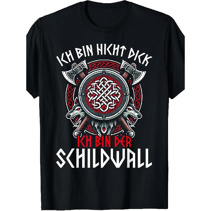 Men's Viking Graphic Tee with Shield Wall Design, Short Sleeve Crew Neck Cotton T-Shirt Featuring Norse Wolves and Axes for History Lovers