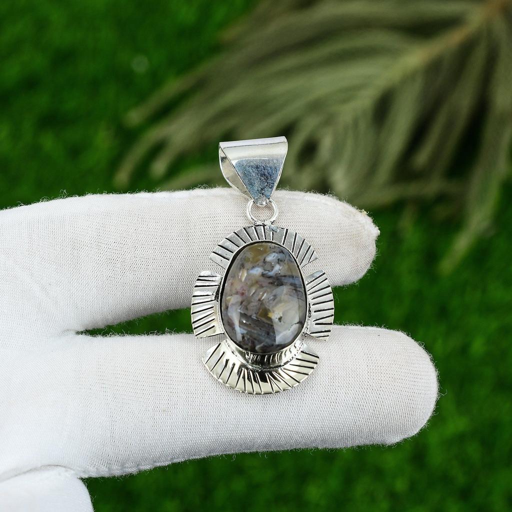 Plata 925 Ágata Palo Natural Bisel Artesanal Hecho a Mano Colgante de Boda Joyería