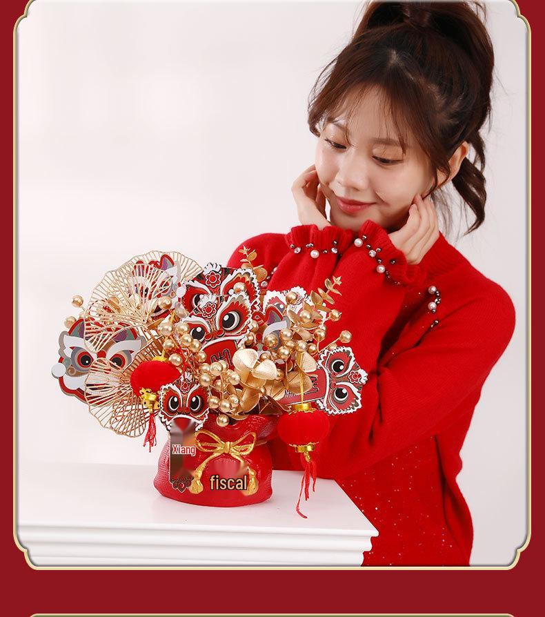 2025 Spring Festival New Year Fortune Bucket: Fu Character Ornament with Artificial Red Fruit and Flowers