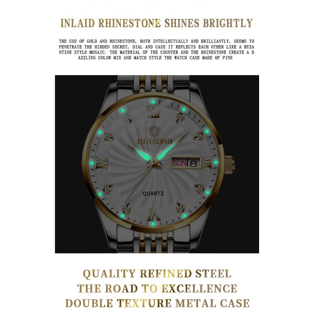 BINBOND Quartz Watches for Men Luxury Luminous Waterproof Precise Auto Date Week Display Men's Watch Casual Sturdy Reloj