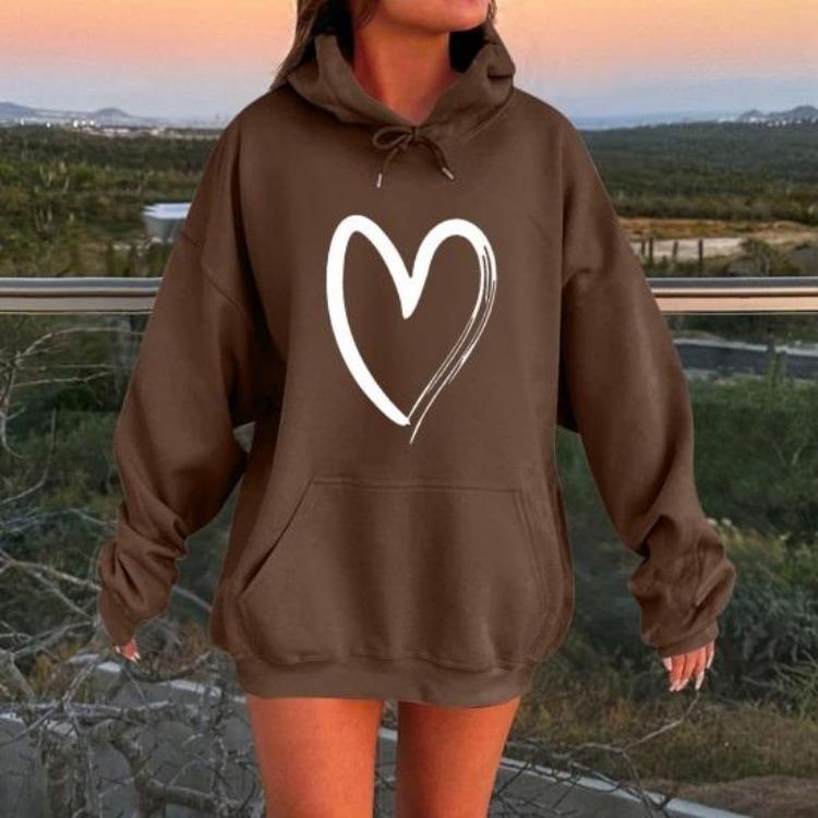 Oversized Fleece Lined Sweatshirt Women Long Sleeve Hoodies Fall Pullover Top with Pocket Heart Print Drawstring