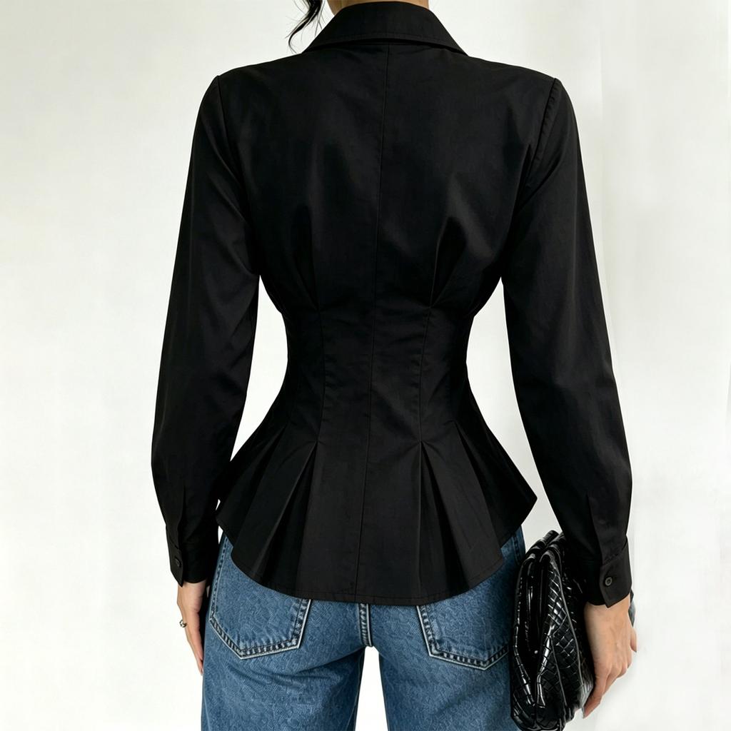 Women Long Sleeve Button Down Shirt Ruffled Waist Peplum Blouse Tailored Fit Collared Shirt Casual Office Wear