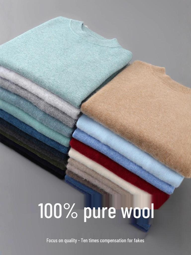 Men's 100% Pure Wool Half-High Neck Sweater - Solid Color, Business Casual Knit Base Layer Top