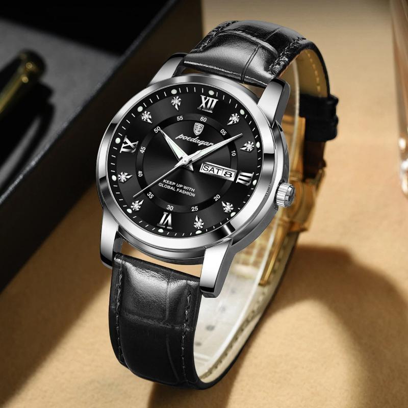 POEDAGAR Luxury Business Men Watch Waterproof Luminous Week Date Fashion Classic Man Wristwatch Leather Sports Men's Quartz Watches