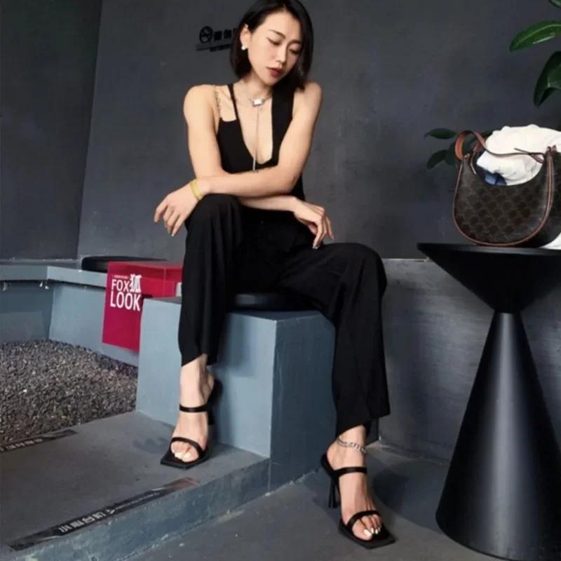 Square Toe Women's Sandals Open Toe Thin High Heels Sexy Luxury Summer Slides Shoes for Woman 2025 New Stiletto Heels Slippers