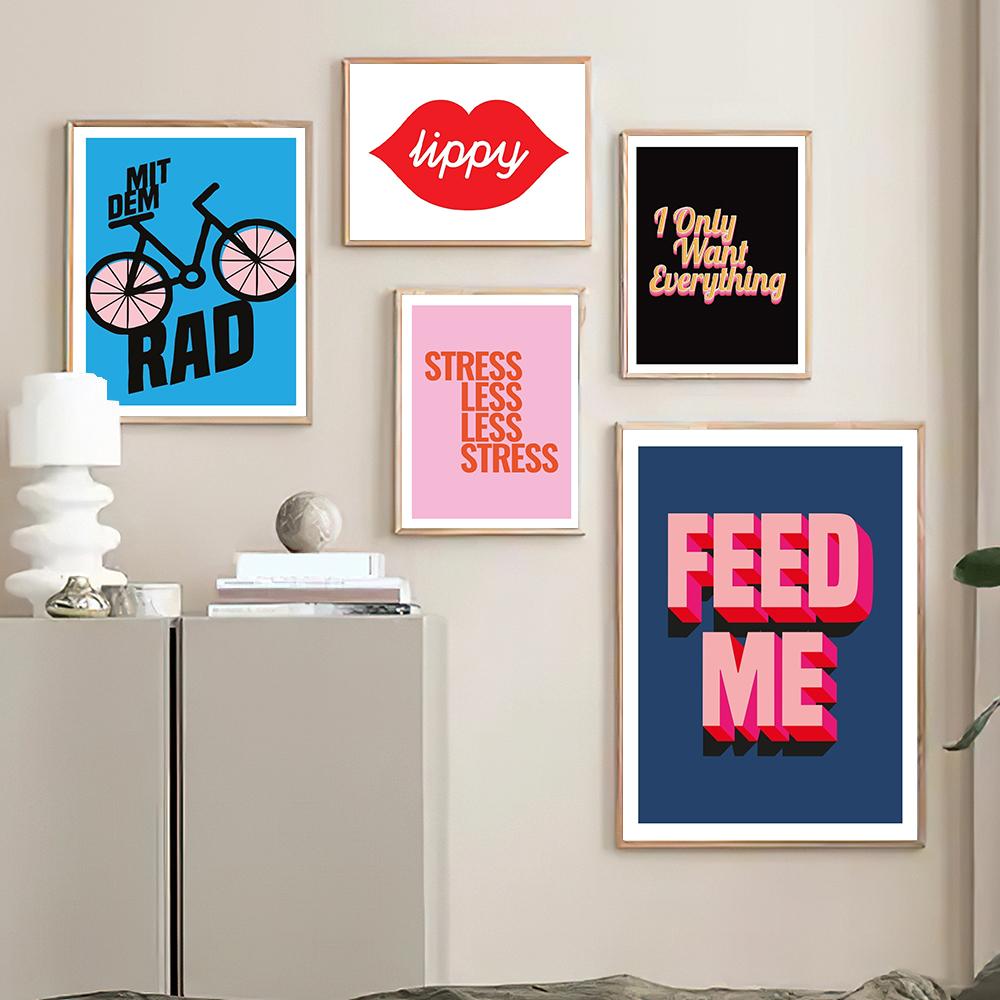 Blue Bike Pink Feed Me Typographic Art Print Poster Lippy Lips Inspirational Saying Quotes Canvas Painting Wall Pictures Decor