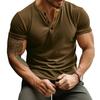 Men T-shirt Color Matching Slim Fit Button V Neck Elastic Soft Casual Pullover Short Sleeves