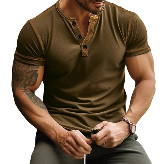Men T-shirt Color Matching Slim Fit Button V Neck Elastic Soft Casual Pullover Short Sleeves