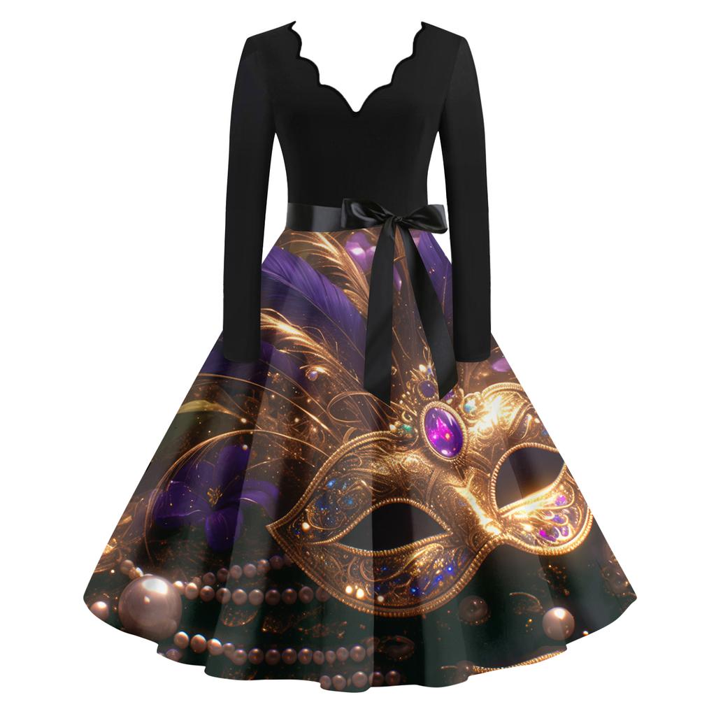 Women's Casual Fashion V Neck Long Sleeve Printed Vintage Long Dress