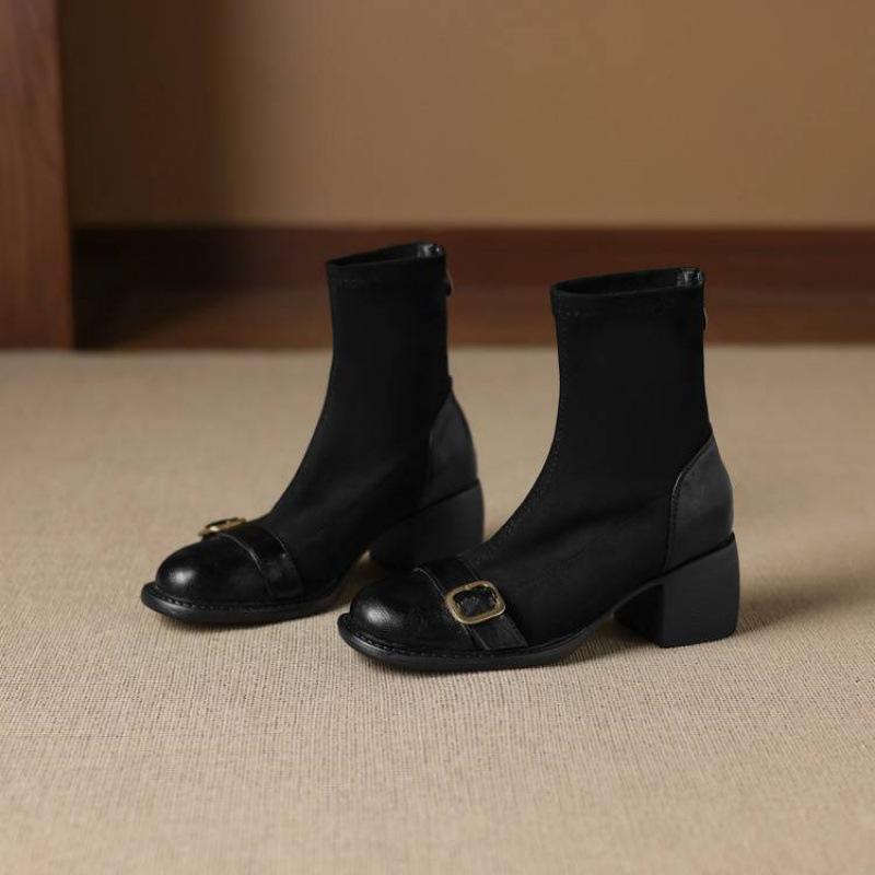 New elastic suede rear zipper Martin boots comfortable rear zipper solid color large size women's boots autumn and winter medium boots women's