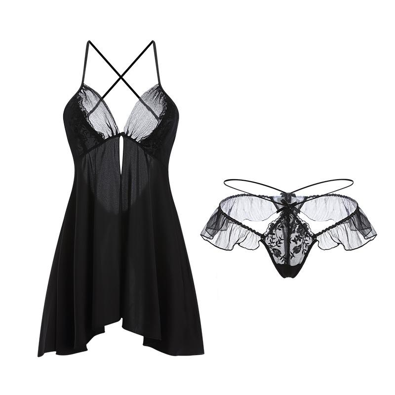 Women’s Cutout Backless Sleep Dress Slip Nightdress with High Slit and Matching Briefs