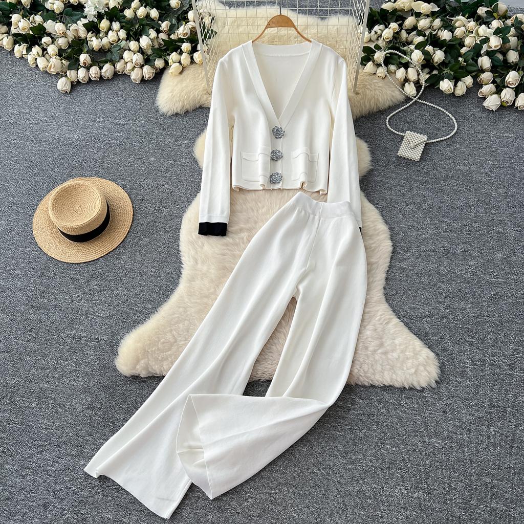 Winter Strickwaren Damen Anzüge Langarm Diamantknöpfe Oberteile+Freizeithosen mit weitem Bein Locker Warme Pullover-Sets