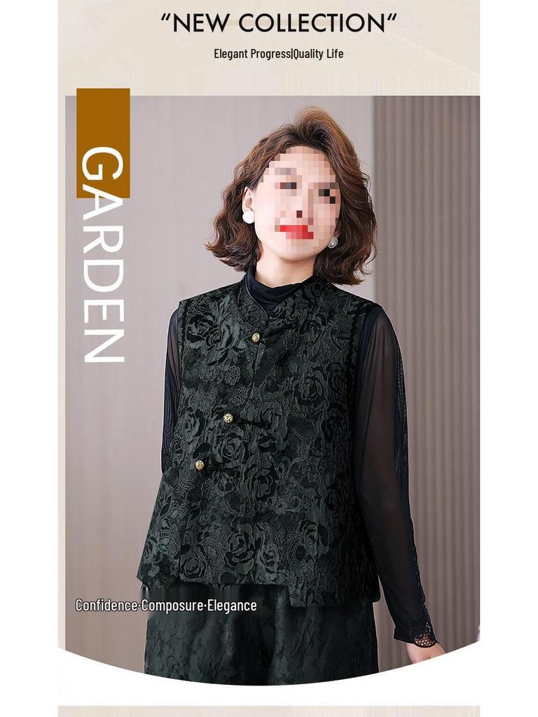 Dame Høst/Vinter Forbedret Tangdrakt Vattert Vest med Ståkrage - Kinesisk Nasjonalstil Jacquard Yttertøy.