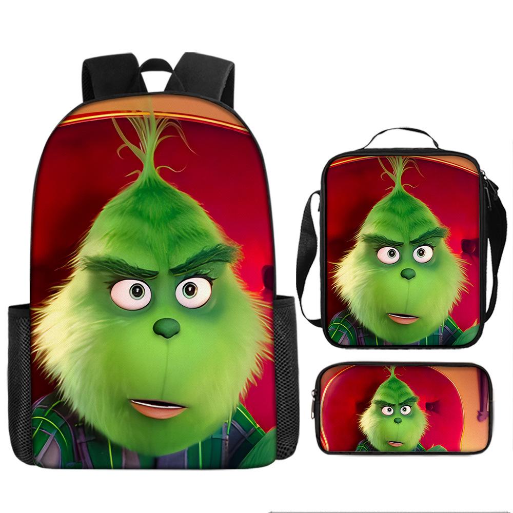 Green Hair Monster Grinch School Bag Campus 12345th and 6th Grade Backpack Lightweight Weight Loss Computer Bag Three-piece Set