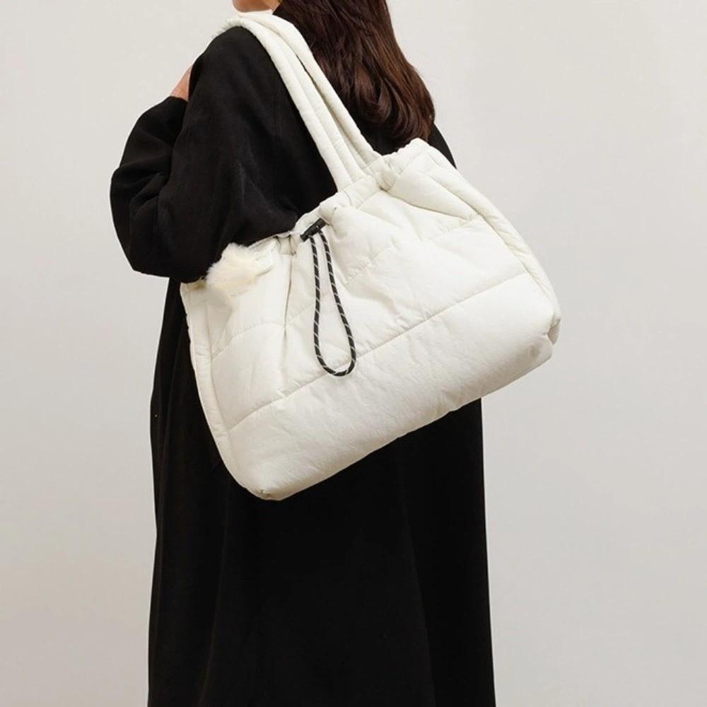 Versatile Puffy Quilted Tote Bag Down Large Capacity Underarm Bags Drawstring Shoulder Bag Casual
