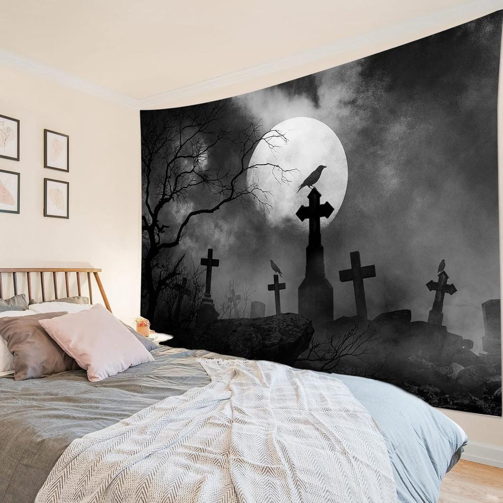 HVEST Halloweenská tapiserie Úplněk Černá vrána Náhrobní kámen Mrtvý strom Tapiserie do ložnice, Strašidelná šedá hřbitovní lesní nástěnná dekorace Deka Domov Svátek