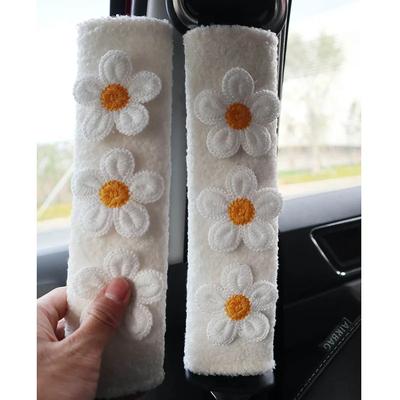 2pcs Car Plush Shoulder Protector Small Flower Interior Decoration Women's Plush Cartoon Creative Seat Belt Cover