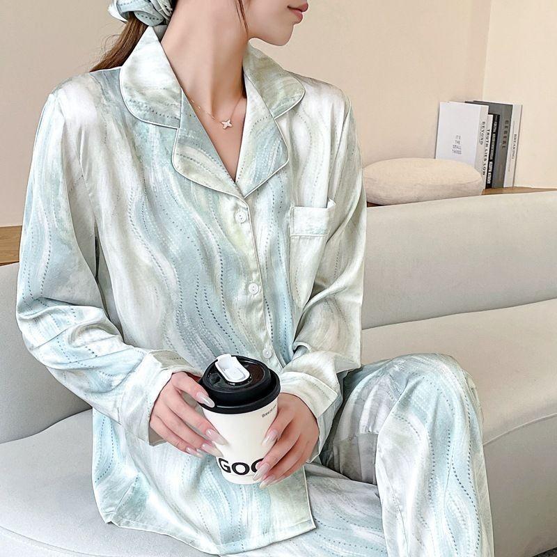 [Glazed] gradual change pajamas women's long-sleeved trousers ice silk pajamas women's comfortable and fashionable loose soft light soft silk