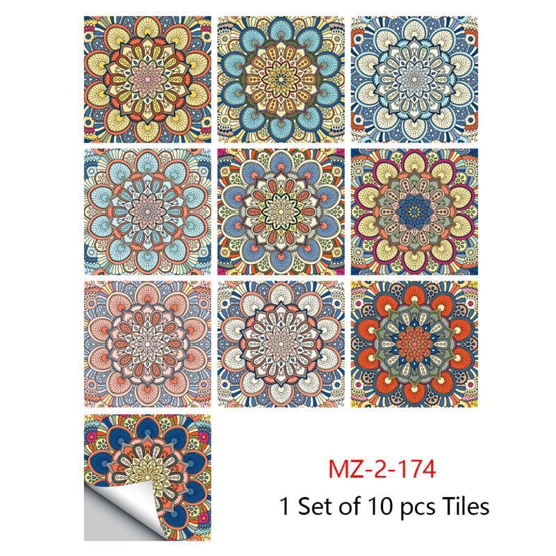 10pcs Mandala Crystal Hard Tiles Ceramic Wall Stickers Peel Stick Decals for Kitchen Wardrobe Home Decor Art Mural DIY