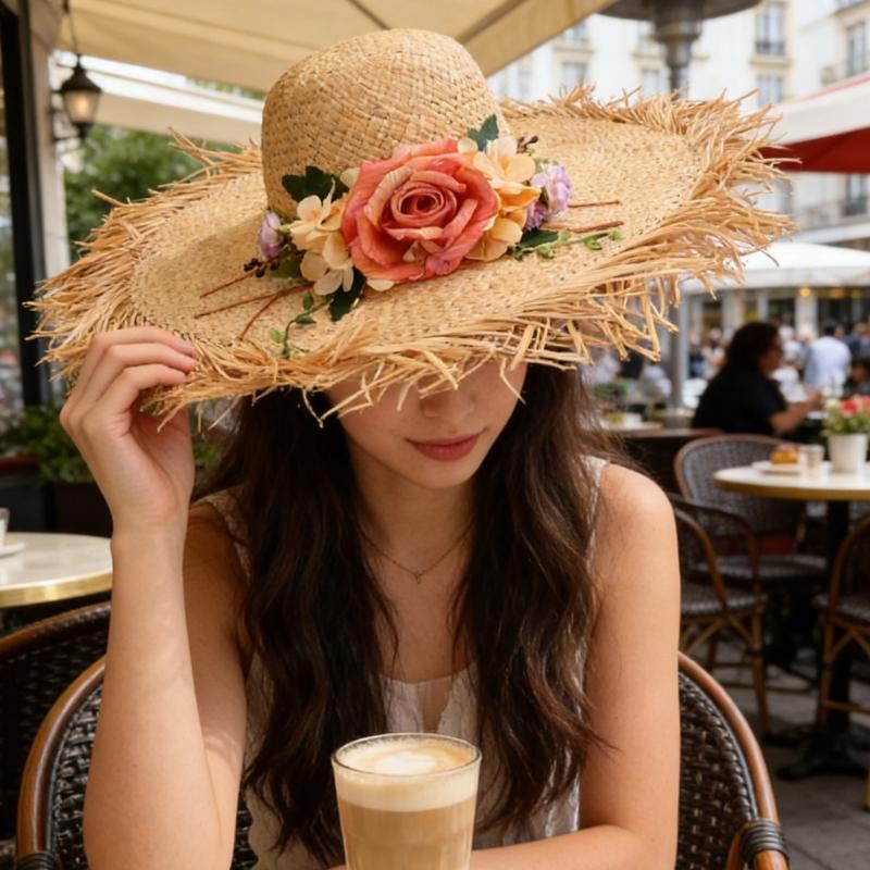 Wide Brims Beach Cap Elegant Straw Fisherman Hat With Floral Accents For Women Outdoor Beach Vacation And Sun Protection