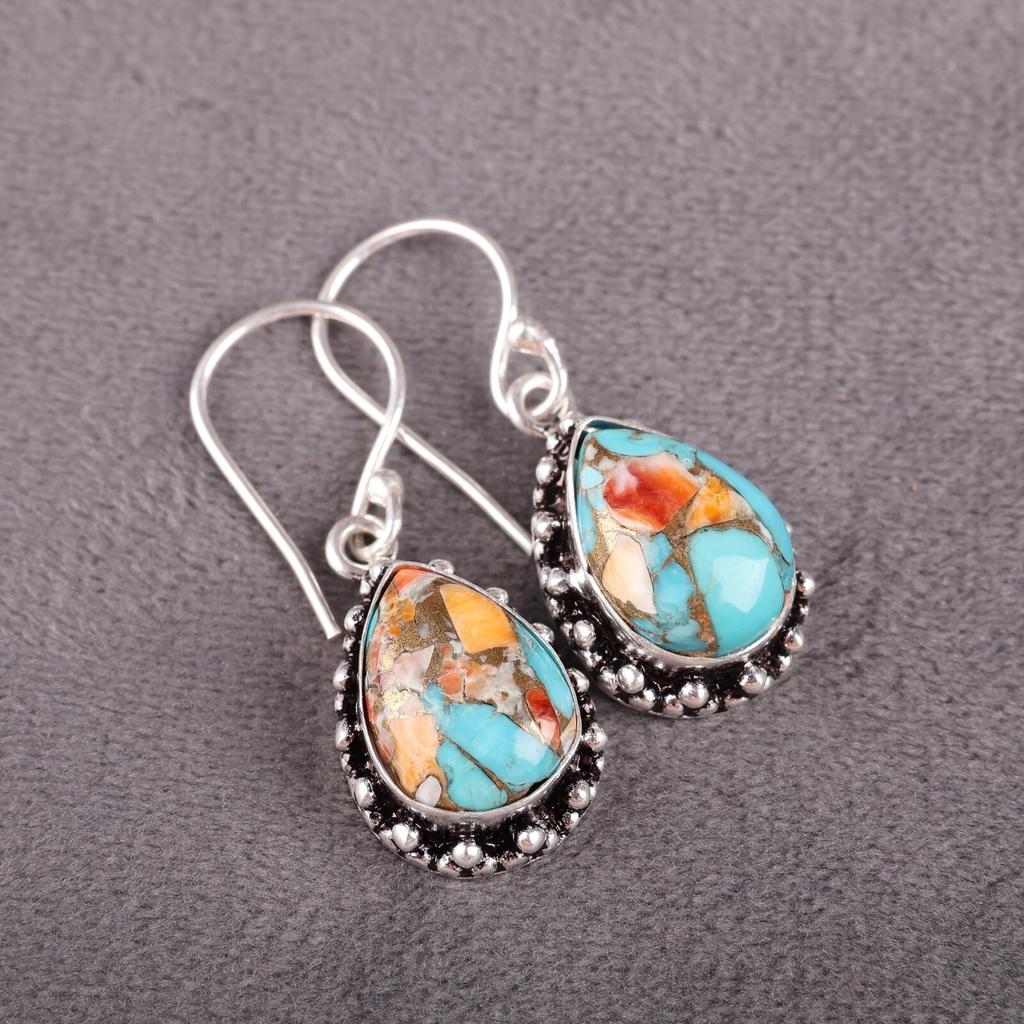 Natural Spiny Oyster Gemstone 925 Sterling Silver Jewelry Dangle Earrings 1.41" EE-97-38