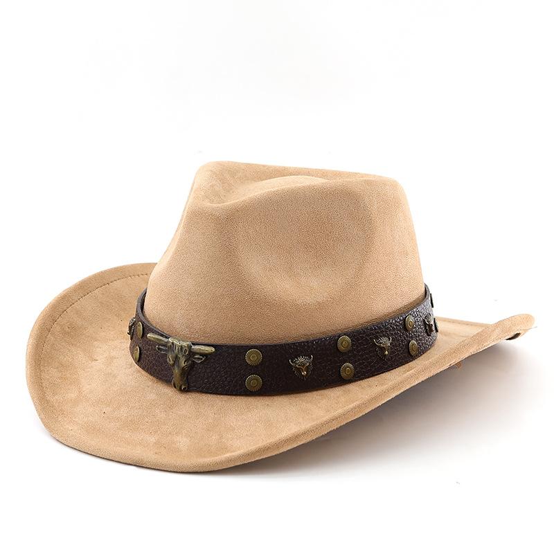 European and American fashion cow head belt suede top hat men's jazz hat autumn and winter versatile felt hat upturned cowboy hat