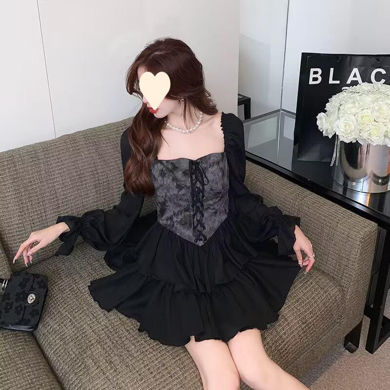 Spring and Autumn Niche Skinny New Smokescreen Retro Shoulder Two Wear Tie-dye Court Dress